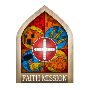. Faith Mission & Help Center Logo. Red yellow and blue stained glass window with a white cross in the middle.