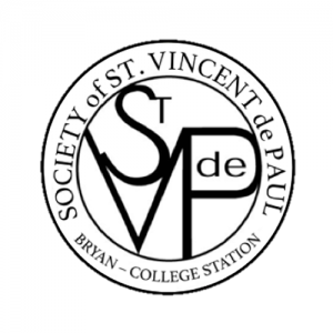 The Society of St. Vincent de Paul Bryan-College Station. A white circle with the organization name around the edge and the letters St V de P in the center.